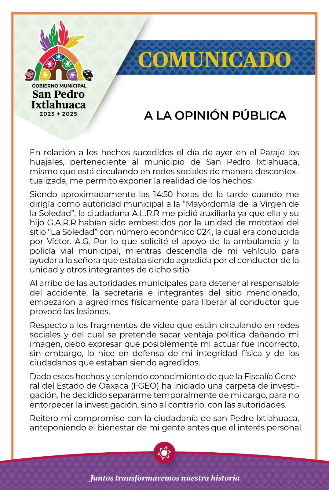 Roberto Pérez Delgado se separa del cargo como Presidente Municipal de San Pedro Ixtlahuaca