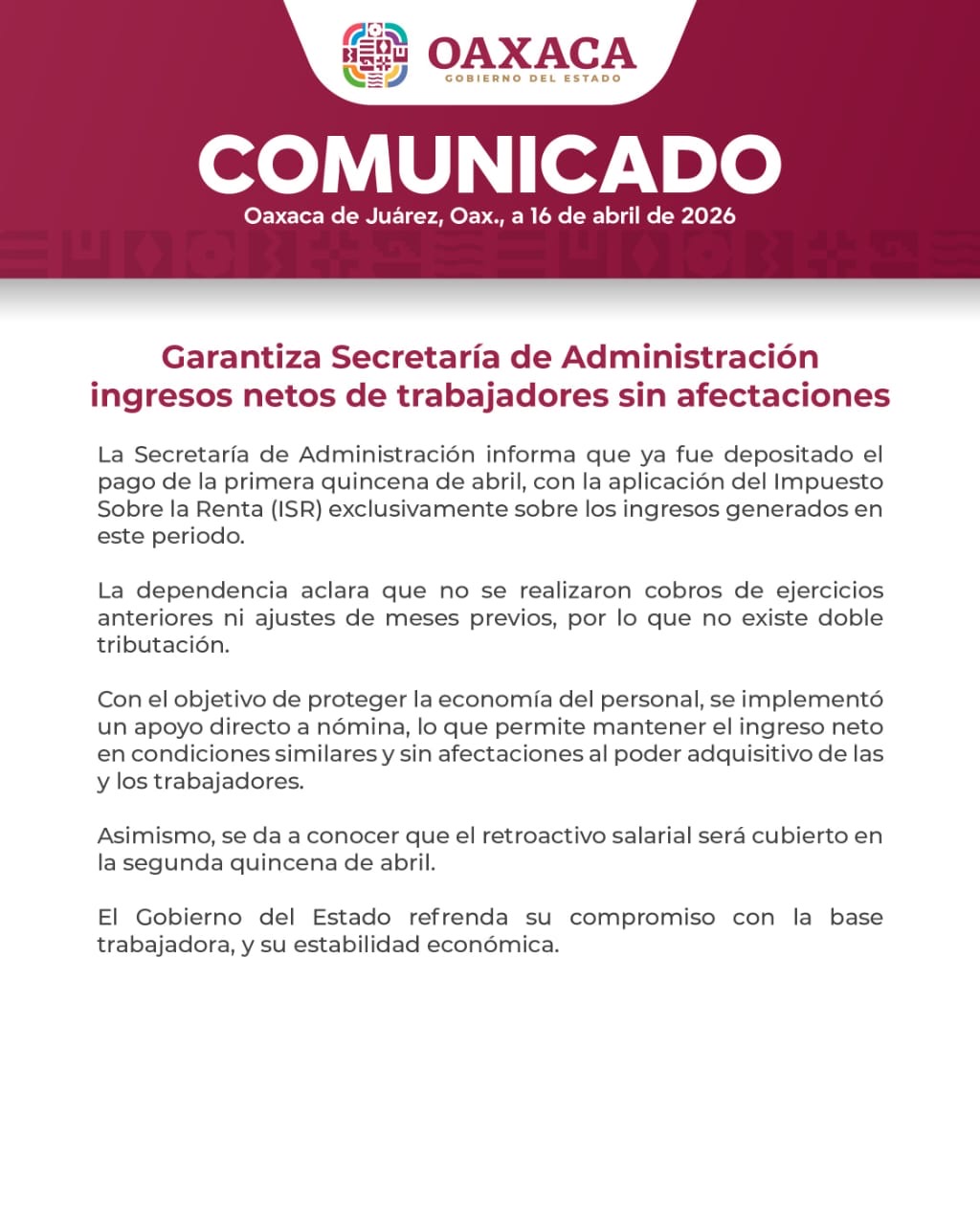 Garantiza Secretaría de Administración ingresos netos de trabajadores sin afectaciones