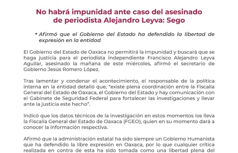 No habrá impunidad ante el asesinato de Alejandro Leyva: Sego