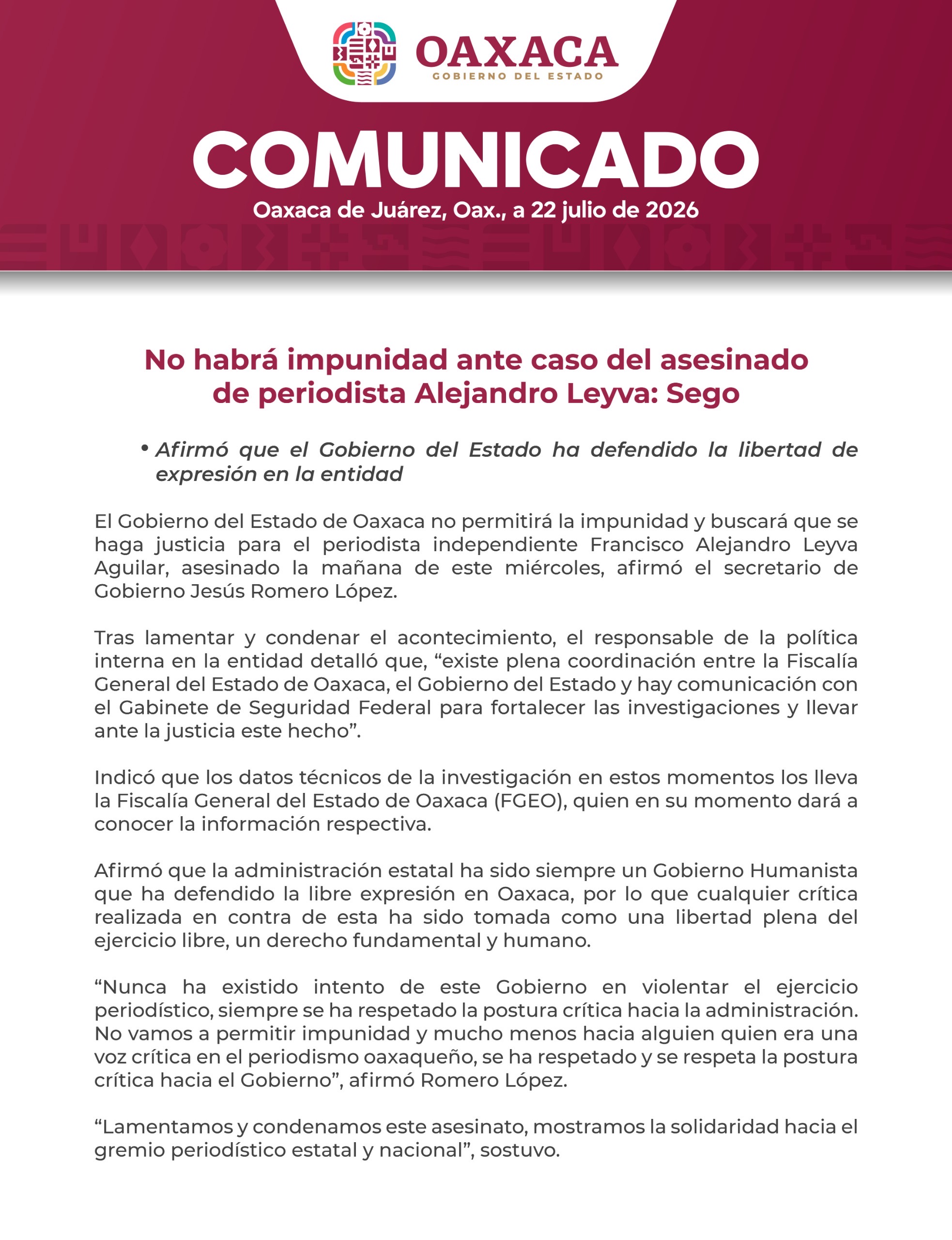 No habrá impunidad ante el asesinato de Alejandro Leyva: Sego