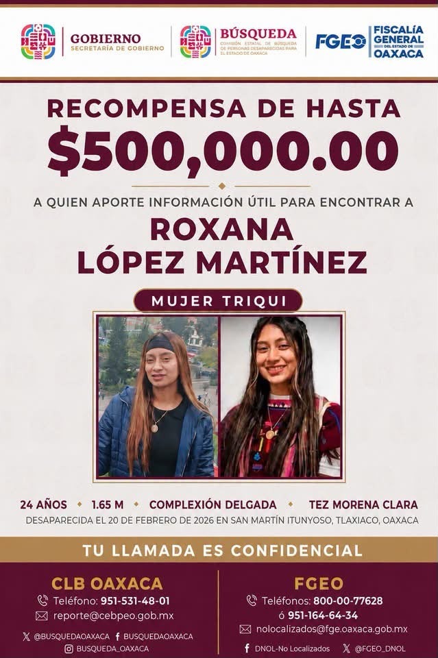 Ofrecen 500 mil pesos por información para localizar a Roxana López en Oaxaca